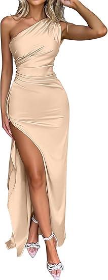 Memoriesea Women's Sexy One Shoulder High Split Cocktail Wedding Party Maxi Dress, Small 