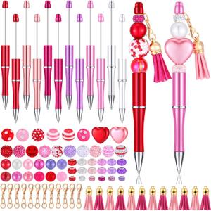 Tinlade 12 Pieces Beadable Pens Bulk with 50 Pcs Assorted Colors Beads Pens DIY Making Kit Multicolor Ballpoint Black Ink for Women Kids Students Office School(Classic Style)