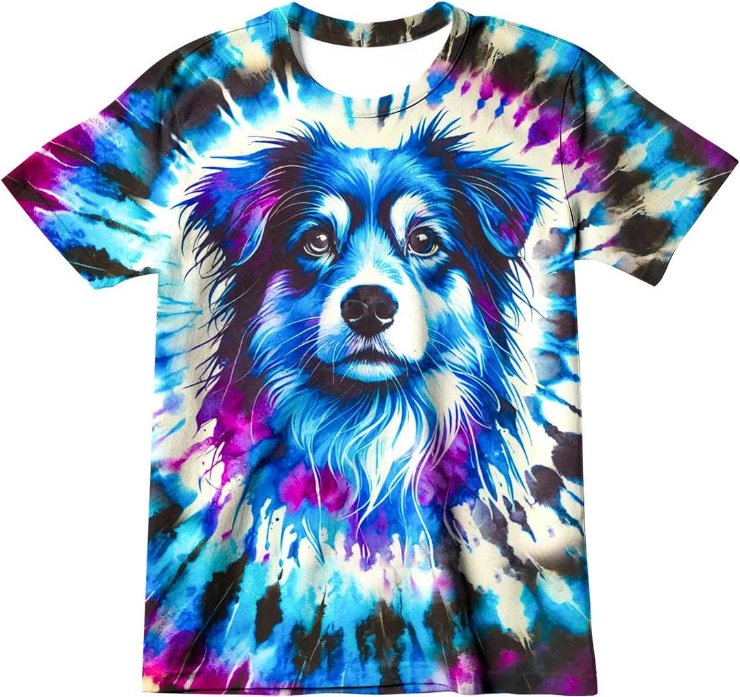 Little Kids Blue Purple White Tie Dye Dog Shirt 6-16 Years Boys' Girls' Hippies Senior Tie-Dye Tee Tshirt 10