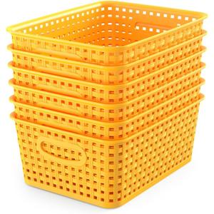 WYT 6-Pack Plastic Small Shelf Storage Weave Baskets Organizing for Cabinets and Pantries, Yellow