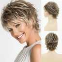 SEVENCOLORS Short Blonde Wigs for White Women Synthetic Hair Mixed Brown Wigs with Bangs Natural Layered Pixie Cut Wig for Women