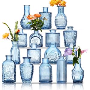 Glass Bud Vases Set of 16 - Blue Assorted Small Mini Glass Vases for Flowers, Crystal Vintage Vase Set, Bulk Centerpieces for Table Dcor, Wedding, Home and Events (Blue, 16 Pcs)