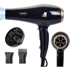 CONFU Hair Dryer, Professional Ionic Salon Blow Dryer with Diffuser for Women and Men, 5X Fast Drying, Powerful and Quiet Hair Blow Dryer for Fast & Easy Styling (1875 Watts) (Carbon Black)