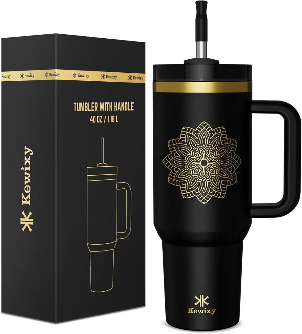 40 oz Tumbler With Handle and Straw, Gloss Insulated Travel Tumbler, Fits in Cup Holder, Travel Coffee Mug with Lid, Included Leak Proof Straw Cover -Petal Focus