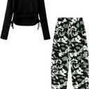 Azmxynol Teen Girls Clothes 2 Piece Outfit Long Sleeve Ruched T-Shirt Top + Cargo Jogger Pants Big Girls Fall Winter Casual Clothing Set (13-14T)