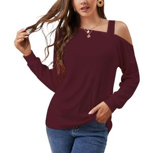 JINKESI Women's Long Sleeve Tunic Tops Casual Cold Shoulder Blouse Shirts (Medium, B1 Wine Red)