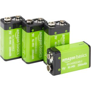 Amazon Basics Rechargeable 9 Volt Batteries, 4-Pack, NiMH, 200 mAh, Long Lasting Power, Recharge up to 1000x Times , Pre-Charged