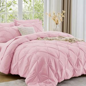 Sasttie Queen Comforter Set, 7-Piece Bed in a Bag, Pintuck Bedding Set for All Season, Includes Comforter, Flat Sheet, Fitted Sheet, Pillowcases and Pillowshams, Baby Pink