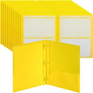 Mr. Pen- Plastic Folders with Pockets and Prongs, 24 Pack, Letter Size, Yellow, Flexible Plastic Folders with Prongs, Clear Front Pocket and Card Slot (Yellow + Organizational Sheets)