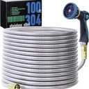 100FT 5/8'' Garden Hose, 304 Stainless Steel Water Hose, Flexible with a 10-Mode Nozzle Sprayer, No Kink, Lightweight, Puncture Proof Metal Hose, Ideal for Yard, Lawn, Outdoor