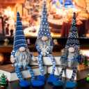 unanscre Blue Christmas Gnomes Plush Decoration - 3PCS Handmade Xmas Long Dangle Leg Winter Gnomes Hold Snowflake Candy Cane Gift Box Swedish Santa Elf Dolls for Home Table Ornament, Tiered Tray Decor