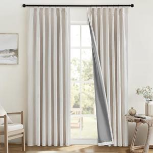 MIULEE Linen Pinch Pleated 100% Blackout Curtains for Bedroom 105 Inch Long 3 Panels Set- Back Tab Track Beige Thermal Insulated Cream Black Out Triple Pleat Room Darkening Drapes with Hooks, Greige