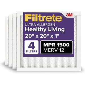 Filtrete 20x20x1 AC Furnace Air Filter, MERV 12, MPR 1500, CERTIFIED asthma & allergy friendly, 3 Month Pleated 1-Inch Electrostatic Air Cleaning Filter, 4-Pack (Actual Size 19.69x19.69x0.78 in)