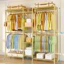Ulif E4 Clothes Rack, Heavy-Duty Garment Rack, Metal Freestanding Clothing Organization Storage System Can Be L-Shaped with Shelves and Hangers, Max Load 962lbs, 71.6" W x 14.5" D x 79.3" H, Gold