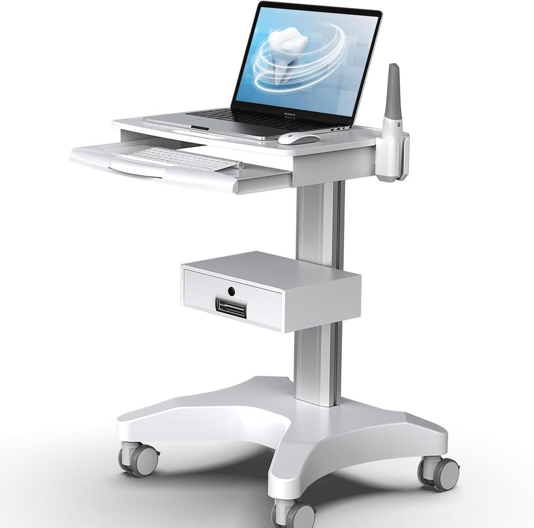 Medical Trolley Cart with Oral Scanner Holder, 30kg Load Laptop Tray Mobile Workstation on Wheels with a Drawer for Hospital Dental Clinics Beauty Salons