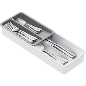 Lifewit Compact Silverware Organizer for Kitchen Drawer, Narrow Flatware Tray Holder, Plastic Cutlery Spoons, Forks and Knives Storage, White&Gray, 1 Pack