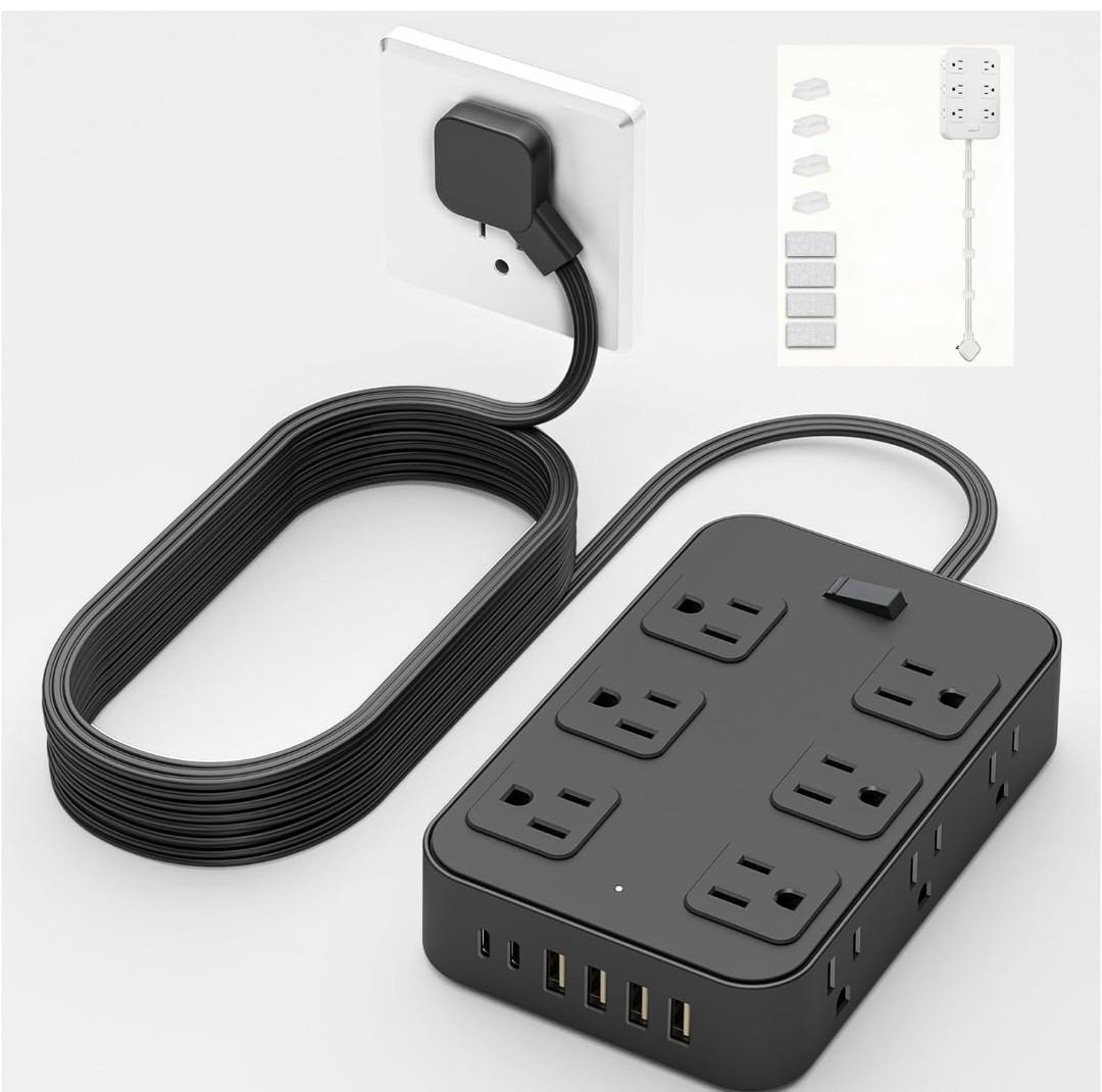 Power Strip Flat Plug,5Ft Flat Extension Cord, Multi Plug Wall Outlet with 4 USB-A,2 USB-C and 8 AC Outlets,Charging Station for Home,Dorm,Office (Black, 12AC) 2 pcs