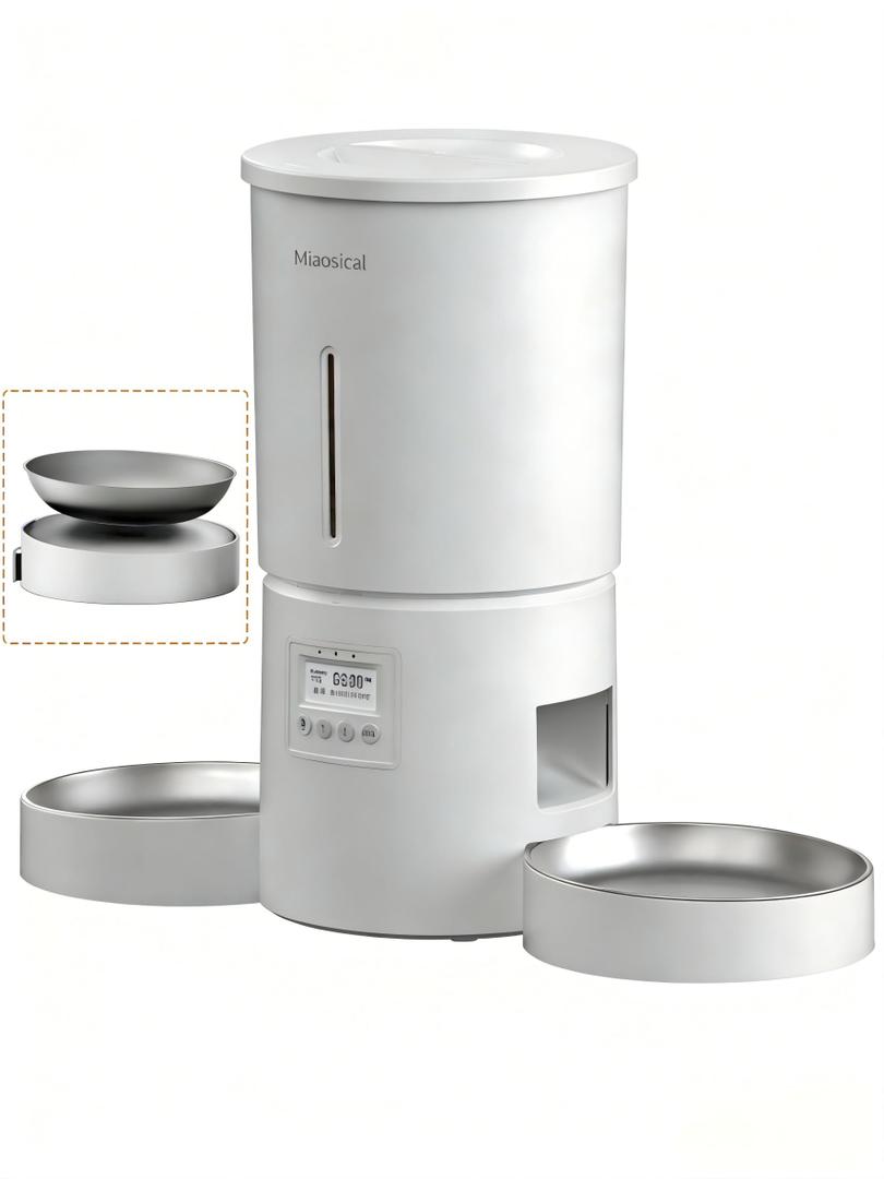 Automatic Cat Feeder for 2 Cats,6 Meals/Day,12 Portions/Meal,Dual Power Double Bowls,Dry Pet Food Autofeeder,10S Voice Record,Flexible Programmable Schedule Timer(White,Stainless Dual Bowls)