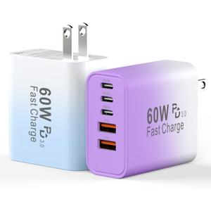 USB C Fast Charger Block, 60W Phone USB C Wall Charging Blocks, Type C Charger Fast Charging Brick, 5Port Multiport Charger Plug Power Adapter for Phone 17/16/15/14/13 Pro Max, Pad, Galaxy S25-2Pack