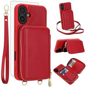 Phone Case for iPhone 16 6.1 inch Wallet Cell Cover with Tempered Glass Screen Protector Wrist Crossbody Strap Lanyard Stand RFID Blocking Credit Card Holder i Phone16 i16 16Case Women Men Girls Red