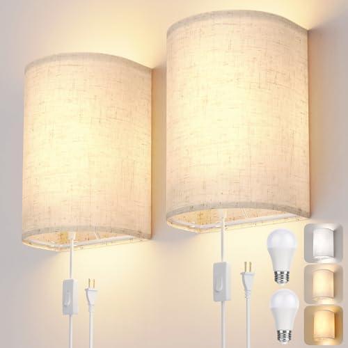 OCATO Plug in Wall Sconces Set of Two: Wall Light Wall Lamp with On/Off Switch 3000K 4500K 6000K Selectable Fixtures Fabric Linen Shade Wall Decor Wall Lights for Bedroom Living Room Hallway Indoor