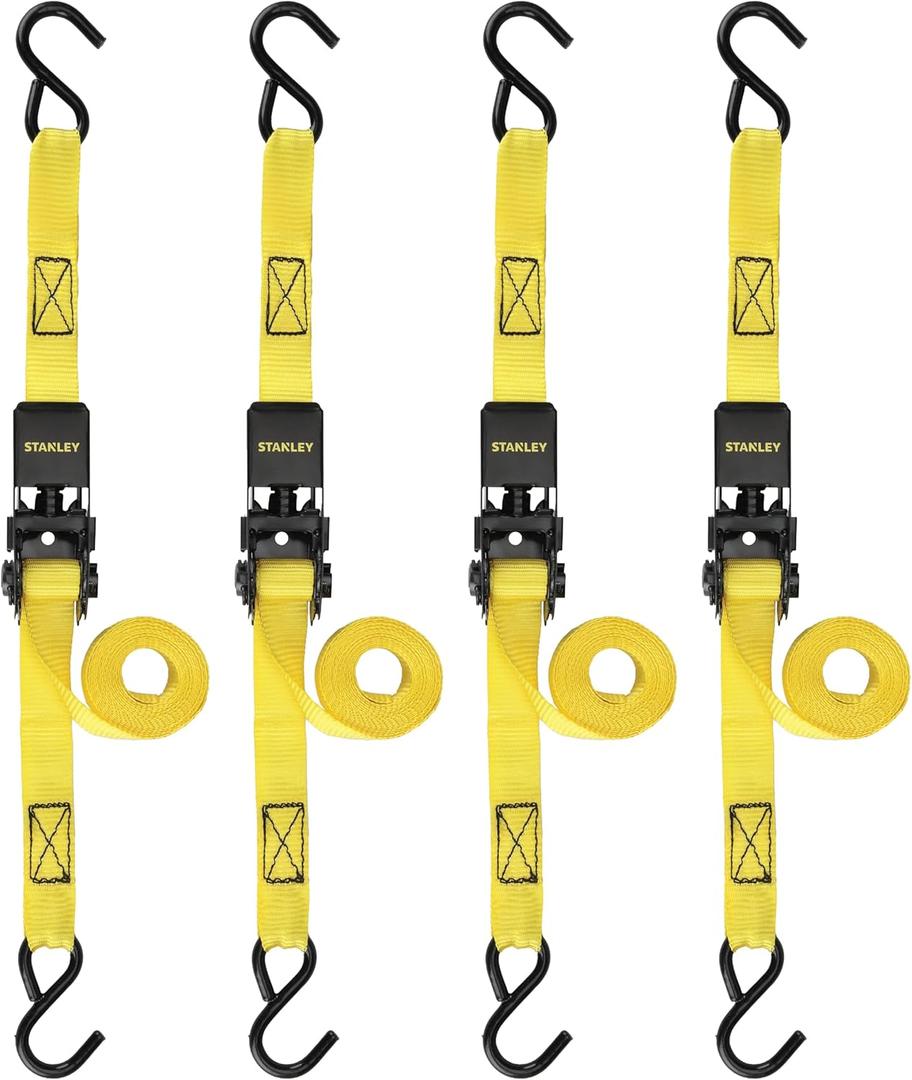 STANLEY S9500 Black/Yellow 1" x 10' Ratchet Straps - Light Cargo (300 lb Working Load / 900 lb Break Strength), 4 Pack