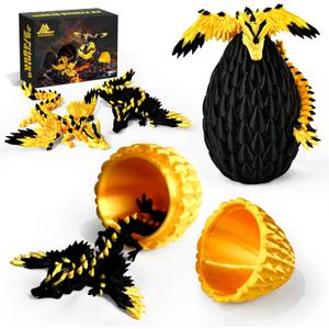 2PCS 3D Printed Dragon Egg with Dragon Inside, Black and Gold Eggs Articulated Fantasy Fidget Toys, Collectible Mythical Creature Gifts for Adults Teens, Cool Stuff Desk Decor
