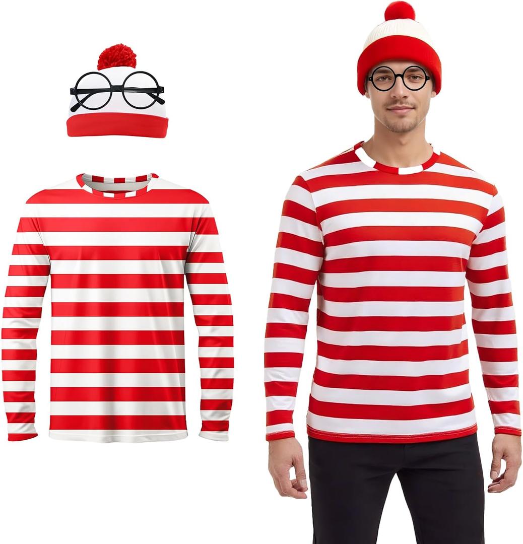 Red and White Striped Shirt Costume Set for Adults with Hat and Round Glasses, Men's Halloween Party Outfit (S)