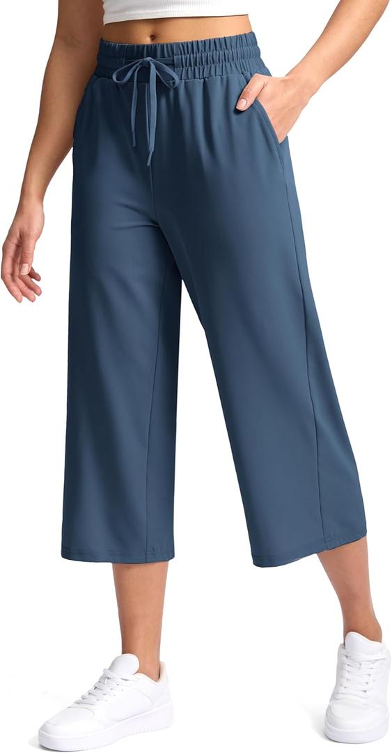 Soothfeel Women's Capri Pants Loose High Waisted Wide Leg Lightweight Travel Hiking Pants for Women Casual Summer with Pocket (Blue, XL)