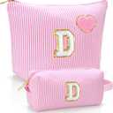 Initial Makeup Bag Personalized Preppy Cosmetic Bag Trendy Toiletry Travel Bag For Teen Girls Kids Women Letter Makeup Pouch Purse Holiday Gifts Birthday Gifts 2pack (D, Pink)