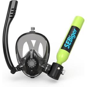 Snorkel Mask Mini Scuba Tank 0.5L Up to 6 Minutes Underwater Breath Within 30ft Diving Depth Small Diving Tank with Full Face Diving Mask for Shallow Water
