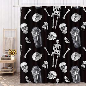 Bayson Spooky Halloween Shower Curtain, Creepy Skull Skeleton Coffin on Black Background Bath Curtain for Bathroom Decor Waterproof Polyester Fabric 72 x 72 Inches Set with Hooks