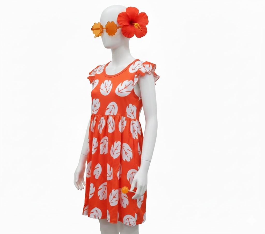 Hawaiian Luau Girls Dress Red Ruffled Tropical Leaf Skirt with Glasses, (120cm or 5T - 6T)