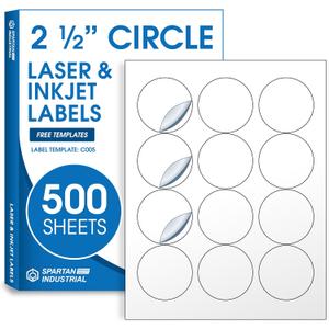 2.5" Circle Printable Labels Compatible with Inkjet and Laser Printers - 500 Sheets, 6000 Matte White Round Stickers for Product Labeling, Packaging, Organization - Spartan Industrial (2.5" Circle)