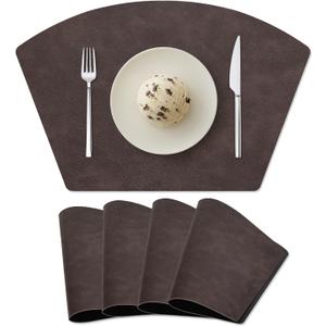 Placemats for Round Table Set of 4, Faux Leather Wedge Shaped Place Mats for Dining Table, Heat Resistant Washable Wipeable Table Mats Reversible, Dark Brown/Black