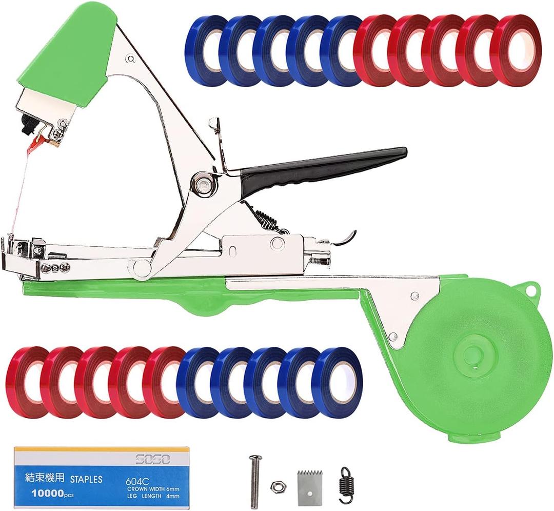 Plant Tying Machine Tomato Tape Tool with 21 Rolls of Tape and 1 Box of Staple for Garden Vegetable Grape Cucumber Pepper (Green)
