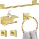 5 Pieces Brushed Gold Bathroom Hardware Set, SUS304 Stainless Steel Bathroom Accessories Set 23.6 inches Towel Bar, Toilet Paper Holder with Shelf, Towel Ring and Two Towel Hooks Wall-Mounted