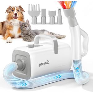 Pecute High-Velocity Dog Hair Dryer, Dog Blow Dryer with Adjustable Speed & Temp, Cool-Warm-Hot Cycle Mode, 4 Nozzles, Soft Noise Pet Dryer for Grooming, Heat Resistant Hose, 6.5ft Cord