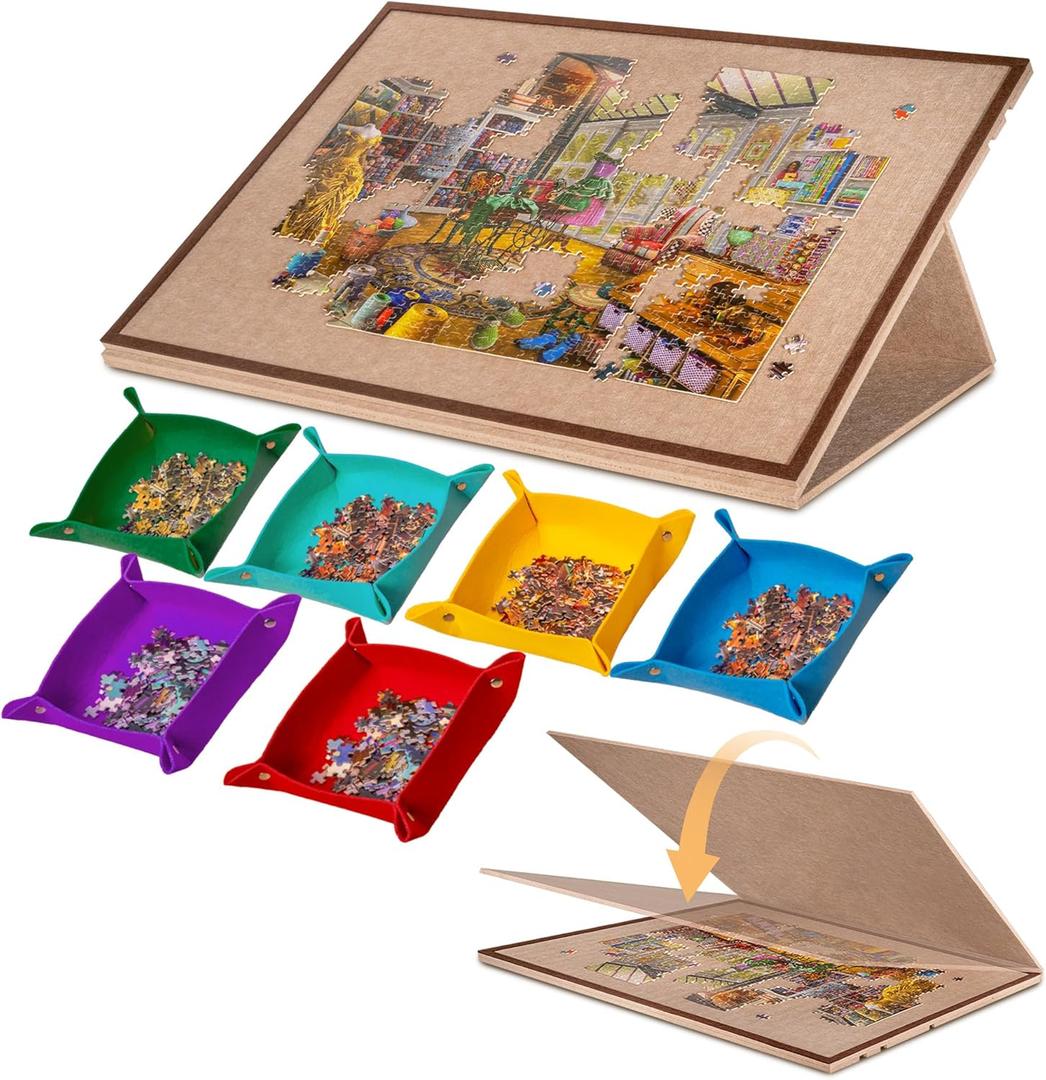 Tilting Jigsaw Puzzle Board with 2-in-1 Stand and Cover, Lightweight Felt Jigsaw Storage Table with 3 Angle Adjustable, 6 Sorting Trays for Puzzle Games Up to 1500 Pieces (Khaki)