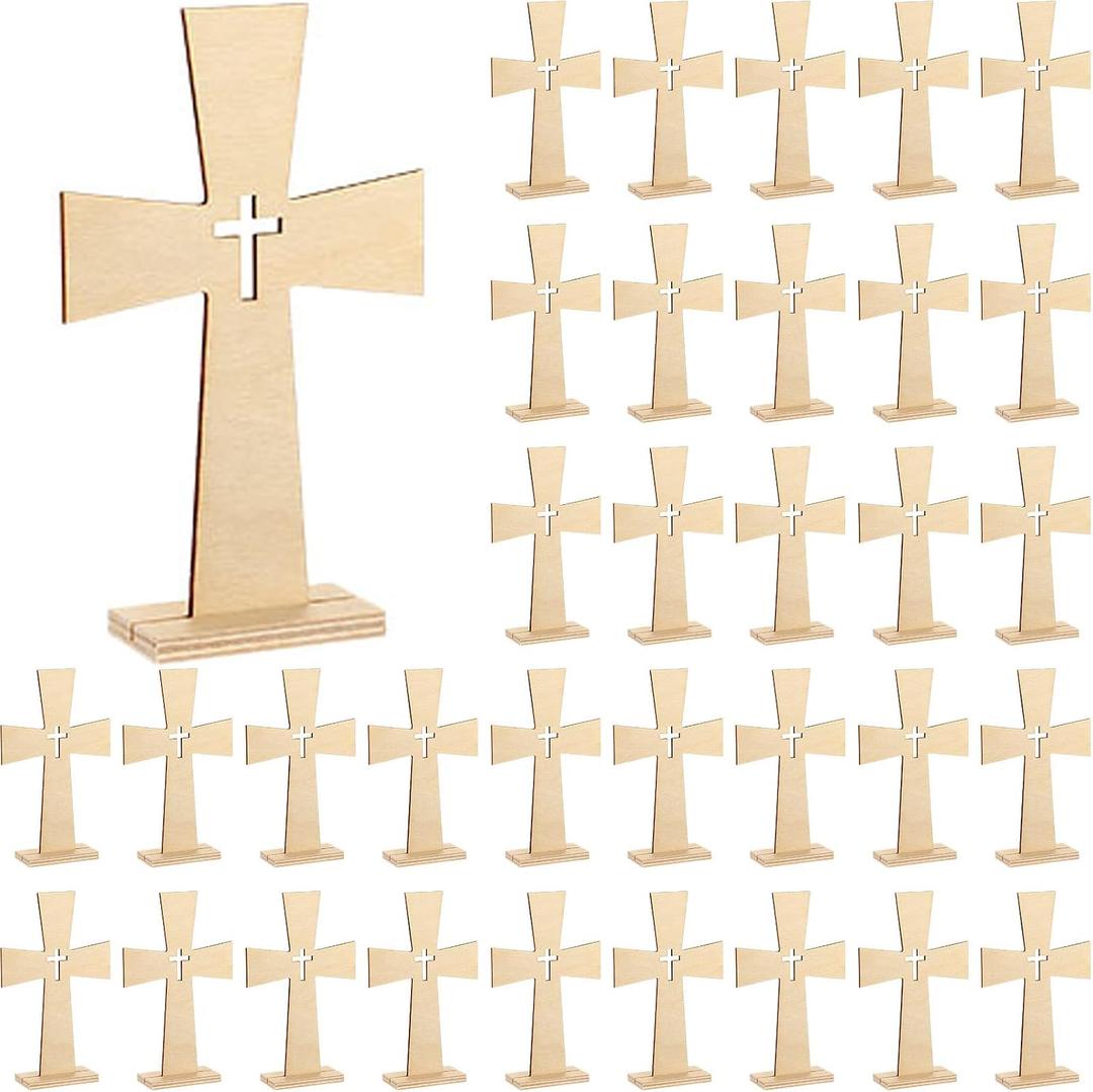Beeveer 24 Pieces Wood Crosses for Crafts Catholic Wooden Crosses Bulk for Baptism Unfinished Wooden Cross for Centerpieces Wall Decor Wood Standing for First Communion Baptism, 8 x 5 Inch