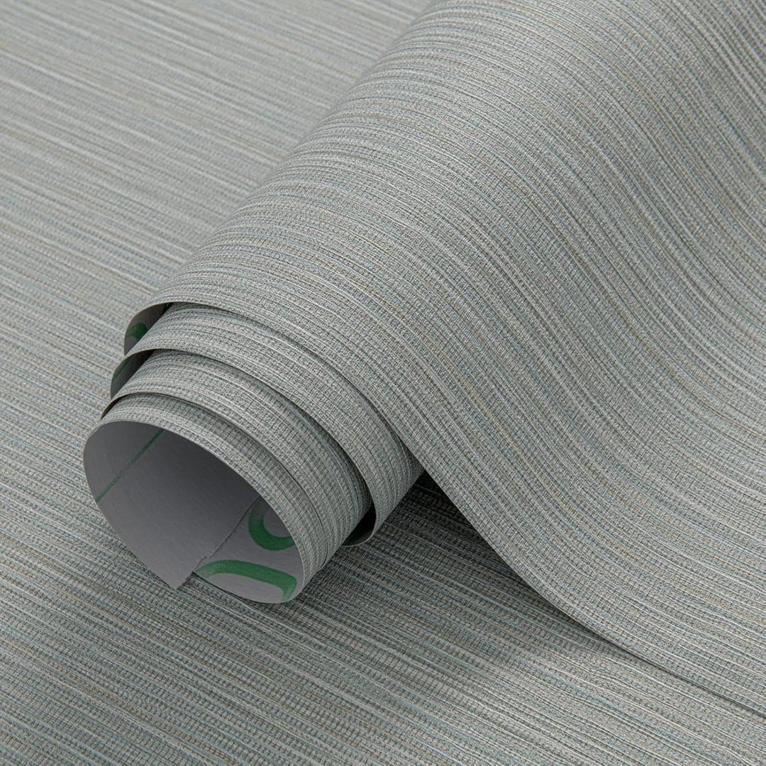 24"x394" Misty Blue Grasscloth Wallpaper Peel and Stick Faux Linen Textured Upgraded Thick Self-Adhesive Waterproof Neutral Contact Paper Seamless Vinyl Embossed Wallpaper
