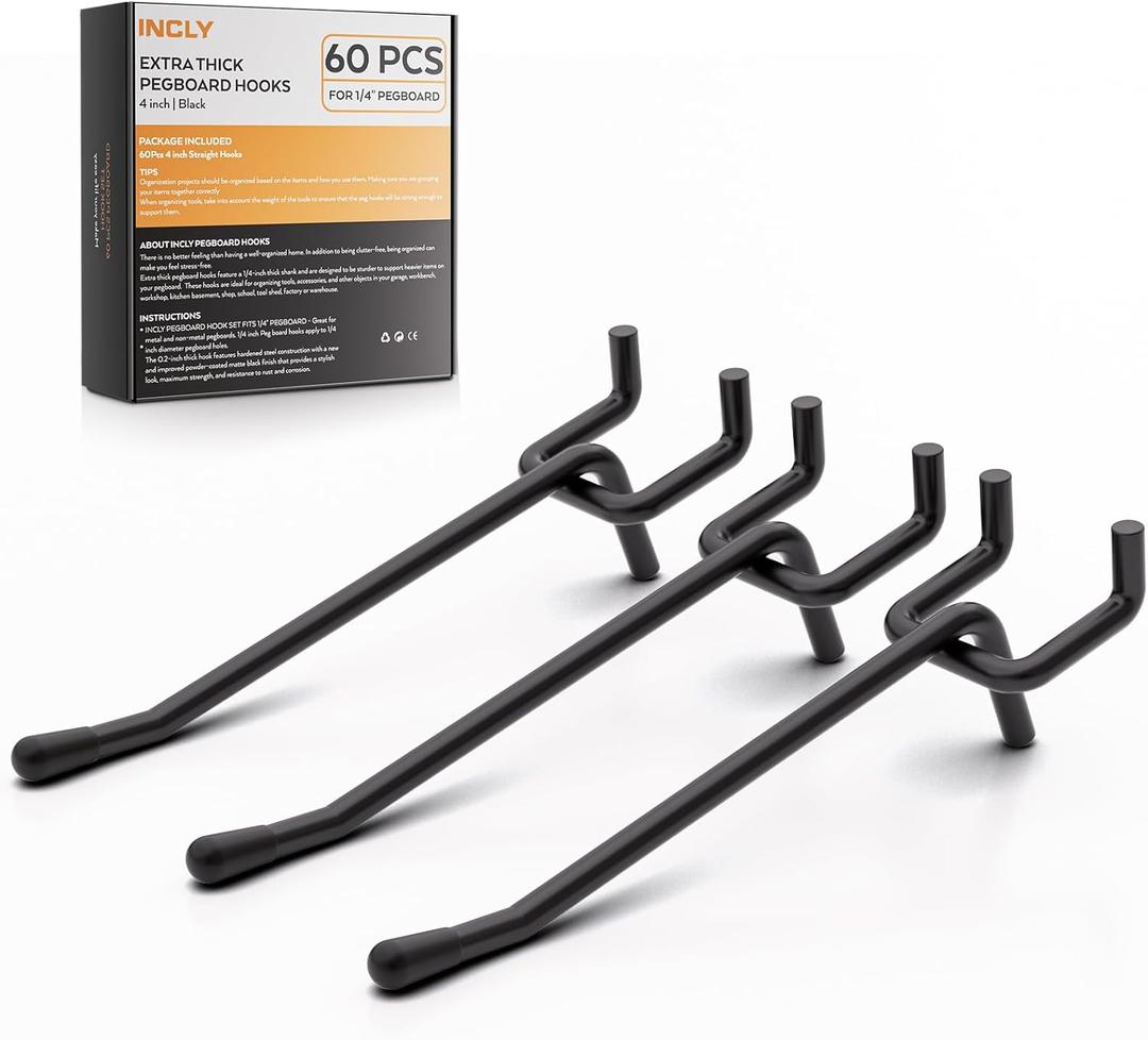 INCLY 60 Pack 4 Inch Black Pegboard Hooks, 1/4" Heavy Duty Peg Board Shelving Hooks Accessories, Peg Board Tool Hangers Only Fit 1/4" Pegboard Hanging Tools Garage, Craft Organizing, Kitchen, Store