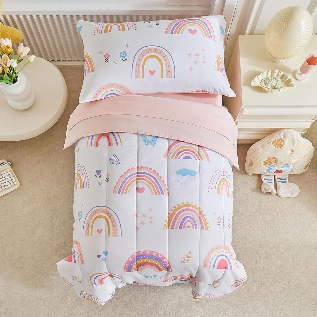 Joyreap 4 Piece Toddler Bedding Set- Pink Rainbow Lovely Design, Microfiber Toddler Bedding Comforter Set for Kids Girls