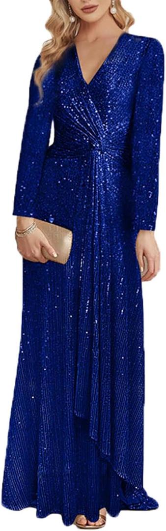 meilun Long Sleeve Sequin Dress for Women Formal Gowns Sparkly V Neck Maxi Dress (Medium, B-royalblue)
