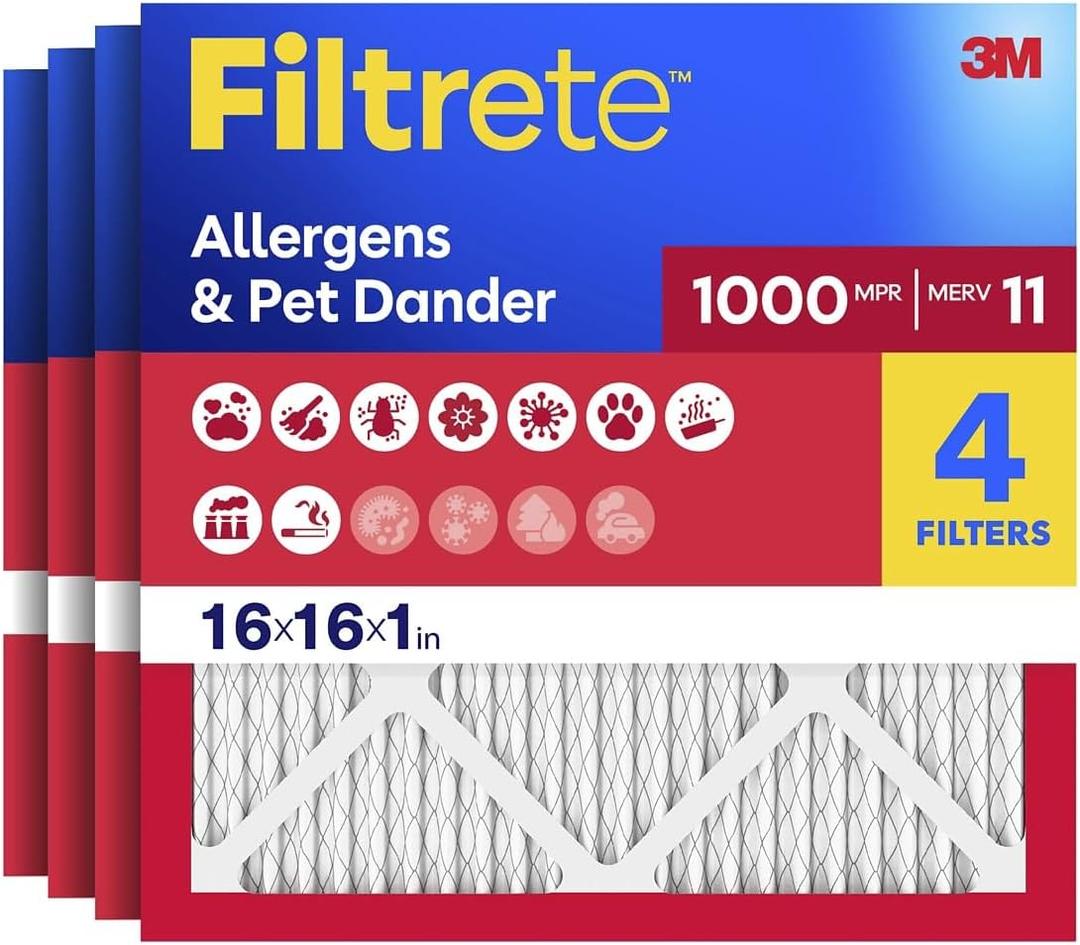 Filtrete 16x16x1 Air Filter, MERV 11, MPR 1000, Allergens & Pet Dander, 3-Month AC and Furnace Filters, Cleaner Air, Reliable Airflow, 4 HVAC Filters (Actual Size 15.81 x 15.81 x 0.81 in)
