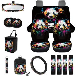 Panda Paint Splatter Pattern Car Seat Covers Full Set of 15 Steering Wheel Cover Trash Bin Air Vent Pouch Seat Belt Cover Keychains Coaster Rearview Mirror Cover