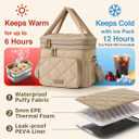 Lunch Bag Women Double Layer Lunch Bag Puffer Insulated Lunch Box Waterproof Bottom Large Lunch Box for Women for Work or Travel, Khaki