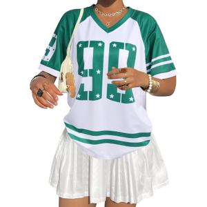 Jersey Shirts for Women Oversized Number Graphic Jersey Shirt Y2k Streetwear V Neck Short Sleeve Tee Tops (XL)