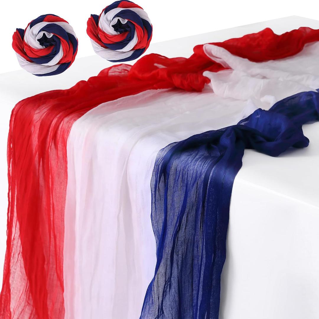 RunNico 2 PCS 4th of July Cheese Cloth Table Runner- 120 x 38 Inch Rustic Red White and Blue Gauze Table Cloth- Patriotic Memorial Day Cheesecloth Table Runners for Independence Day Dining Table Decor
