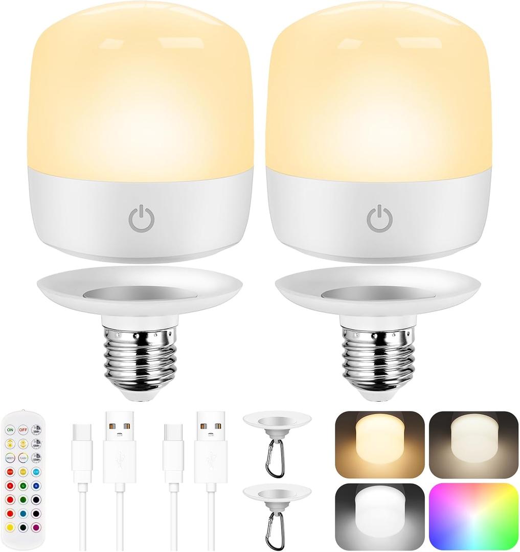 4000mAh Large Rechargeable Battery Operated Light Bulb 2 Packs, Dimmable LED Bulb with Remote Control & 2 Detachable Base, Battery Powerd Light Bulb for Non-Hardwired Lamps with 15 Colors & 3 Timer